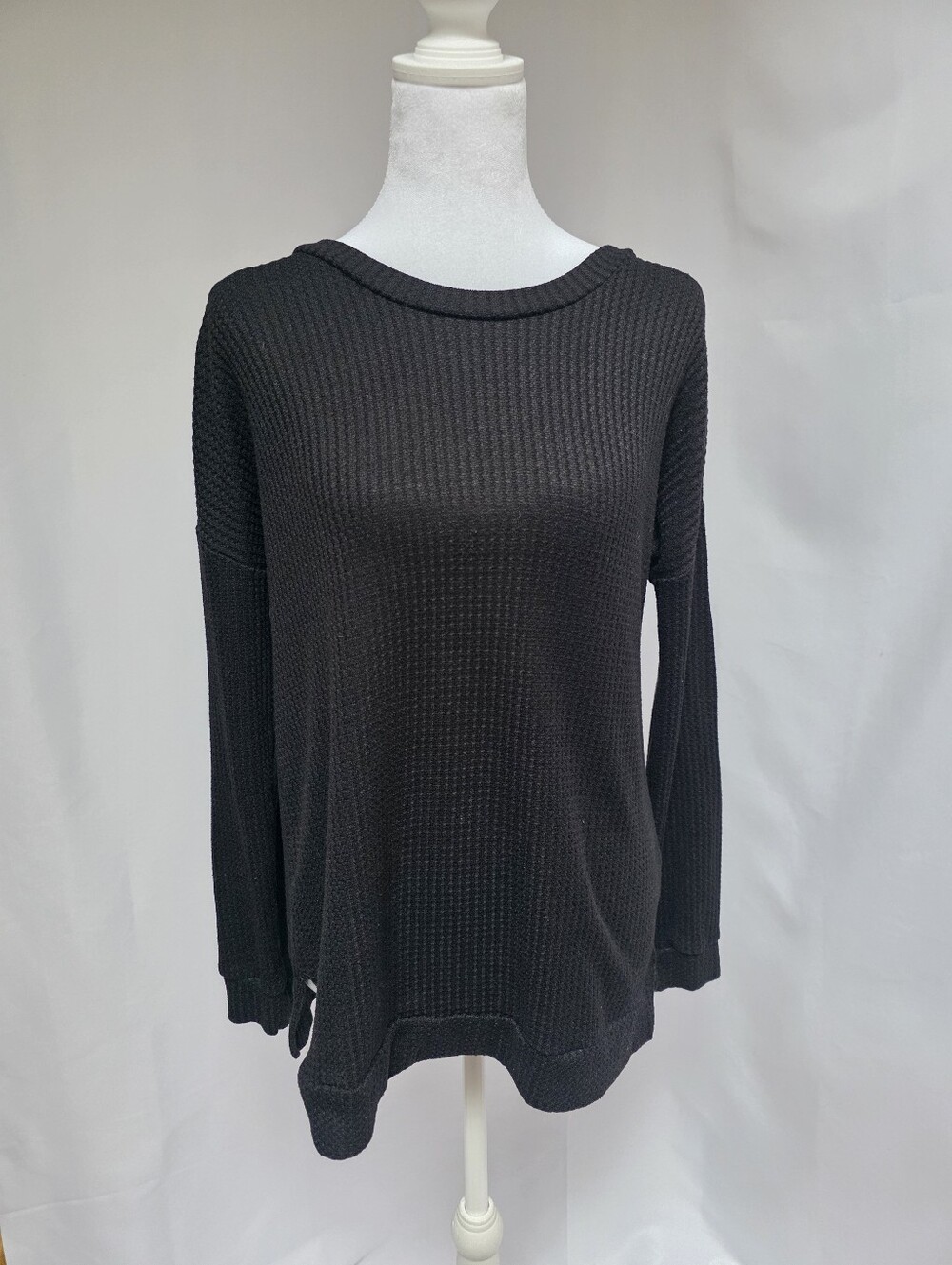 For the Republic Black Waffle Knit Open Back Long Sleeve Top M